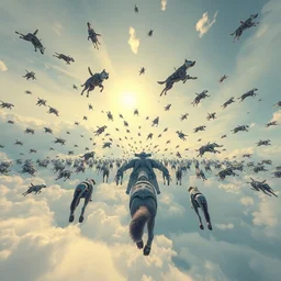 thousand dogs floating in the sky, thousand robots flying in the sky, thousand wolfs floating in the sky, camera from behind, trending in artsation, dmt, gps, hallucination, stefan koidl
