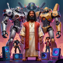stylish caricature 3 d vfx drew struzan movie poster art of an african jesus surrounded by giant mecha & gaming consoles, art style by james jean & hsiao - ron cheng, unreal engine render, digital illustration, sharp, intricate detail, volumetric lighting, ray tracing, soft light, neon, claymation style, ernie barnes style, symmetry, acrylic on canvas, pinterest, art