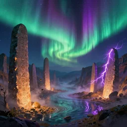 wlop's concept art, the night of the aurora, the mysterious atlantis valley basin's huge rune steles appear space distortion, gravel floating, warmth, purple lightning, complex scenes, starlight rippling, fog, dreamlike, magnificent movie scenes, strokes, bright colors, trending on artstation