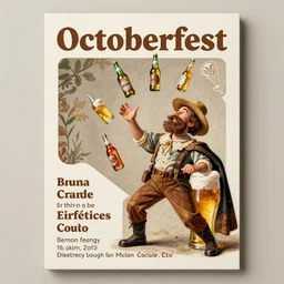 large octoberfest invite card, delirious man juggling beer bottles, photoshoot, 4 k, hyper realistic, natural, highly detailed, digital illustration, trending in artstation, classical painting, smooth, sharp focus art by ilya repin