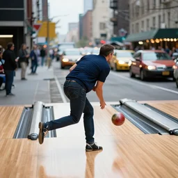 a man bowling on 5 th avenue in manhattan, cars are coming,