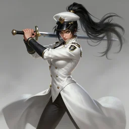 a highly detailed illustration of fierce messy ponytail black haired one armed delinquent woman wearing uniform cap wearing long white coat cape, dramatic wielding sword pose, muscular, intricate, elegant, highly detailed, centered, digital painting, artstation, concept art, smooth, sharp focus, league of legends concept art, wlop.