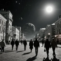 people on the streets on a grey rock planet Soviet city, black sky full of stars, blinding sun, Neo Norilsk, Neo Kyiv, sci-fi, cyberpunk outfits, photorealistic, grainy, 35mm, intricate, very very beautiful, elegant, smooth, cinematic, Unreal Engine 5, by Beeple, trending on Artstation HD