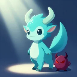 cyan cute spirit axie pet hit with tail evil axie spirit pet, fantasy, studio ghibli, clean cel shaded vector art, cinematic lighting, volumetric lighting, smooth, sharp focus, highly detailed, render in unreal engine 5, artstation, deviantart, behance, trending, epic composition, octane, light rays, award - winning