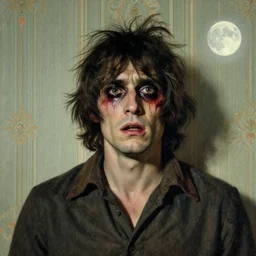 a handsome but creepy man in layers of fear, with haunted eyes and wild hair, 1 9 7 0 s, seventies, wallpaper, a little blood, moonlight showing injuries, delicate embellishments, painterly, offset printing technique, by, jules bastien - lepage