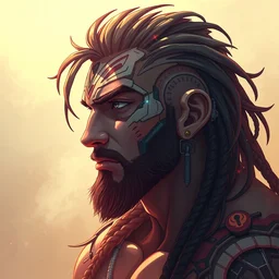 a dreamy portrait of a cyberpunk profile view portrait 4 k digital art, anime, two dimensional, looking to the side, tribal, powerful, muscular, trending on artstation, artstation, high detail, diffusion, disollution, portal to outer space, carvaggio, da vinci, deviantart, ilya kushinov