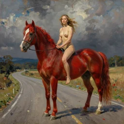 jennifer lawrence on road to firehell in the style of bathing the red horse by petrov - vodkin, oil painting, digital painting, concept art, smooth, sharp focus