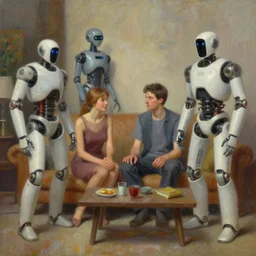 oil painting of a humans and robots in futuristic living together, octane rendering, trending on artstation, thomas kinkade and james gurney