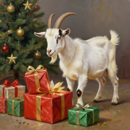 photoreal painting of a goat that is opening Christmas presents