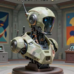 detailed character concept art bust of a detailed and hi - tech reconnaissance robot in an empty chamber, artstation, award - winning realistic sci - fi concept art by greg rutkowski and yoshitaka amano, in the style of moebius, flat pop color surrealist illustration.