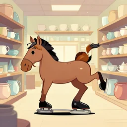 cartoon image of a horse on skates losing his balance in a crockery shop