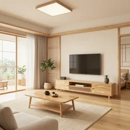 japanese style living room, bright, light wood, clean, cozy, 3 d render