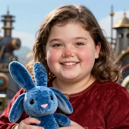 beautiful portrait of a chubby!!! young girl with front buck teeth wearing a scarlet red tunic and holding a blue velvet bunny plush, detailed deep black eyes, round face, face shaved!!, small pointy rosy nose, medium brown hair, daylight background, trending on artstation, sharp focus, illustration, caustics, octane render, 4 k, radiant light, art by wlop and artgerm, steampunk fiction