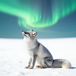 white background, snow blanket, arctic fox sitting down, side view, fully body, fox looking up, fox enjoying the sun, matte painting, aurora borealis