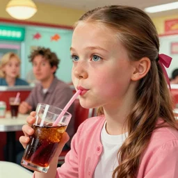 closeup profile portrait of a greta thunberg drinking soda in a 1 9 5 0 s diner, nicoletta ceccoli, mark ryden, lostfish, max fleischer, hyper realistic, artstation, illustration, digital paint, matte paint, vivid colors, bright, cheerful, detailed and intricate environment