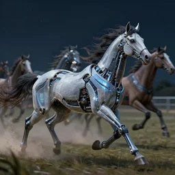 cybernetic neo - equine mind transfer : horse - like creatures running impossibly fast through the night, reveling in their machine - aided grace and supremacy over any natural creature, artstation furaffinity