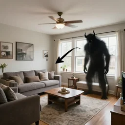 a real estate home interior photo. a paranormal photo with an arrow pointing to a demon.