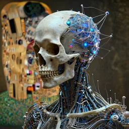 cybernetic deity with circuitry structure skull and networked mind tripping on acid, intricate detail, lovecraft, royo, whealan, giger, klimt, hd, octane render, unreal engine,