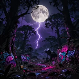 Magic jungle at night during full moon, digital graffiti landscape, detailed, sci-fi fantasy, surreal, main colour - black, second colours - purple, fuchsia, dark mood, creepy lightning, deep shadows, HD, 4K, photorealistic, James Webb Telescope