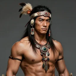 half - body, tribal headwear, muscled man, takeshi kaneshiro as a brave tribal warrior, detailed, concept art by artem priakhin - h 1 0 2 4