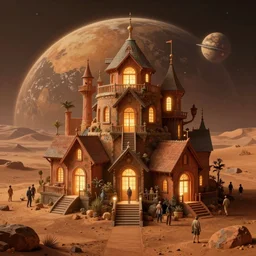 elaborately detailed photo art of people already made glowing houses on planet mars , high fantasy matte painting, atmospheric lighting, highly detailed illustration highlights, 8K detail post-processing, featured on DeviantArt, trending on cgsociety