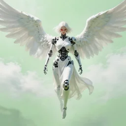 a vaguely mechanical woman in white robes with one angry red eye floating over a pale green landscape, large wings, surrounded in clouds and light, digital art
