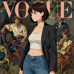 anime vogue mage, crop top, blazer, jeans, intricate oil painting by john singer sargent, trending on artstation, side profile