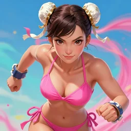 play of the game of chun li wearing pink bikini, perfect face, brown hair, abs, cinematic, stunning, cute, adorable, strong, highly detailed, psychedelic, digital painting, artstation, smooth, hard focus, illustration, art by jessica rossier and and brian froud