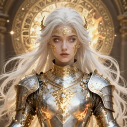 ana de armas beautiful and victorian and holy and divine and elite young medieval female white armor knight portrait +shiny eyes+front face with long flowing hair, white hair, ultradetail face, gold filigree, body covered in fire, art and illustration by tian zi and craig mullins and WLOP and alphonse mucha, fantasy, sci-fi, intricate complexity, human structure, human anatomy, fantasy character concept, watermark, blurry, hyperrealism 8k, warm golden backlit