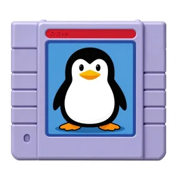 fat penguin key art in a cartridge, rectangle sticker illustration, cartucho snes, super nintendo cartridge