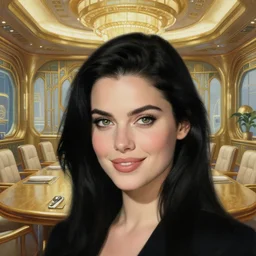 beautiful woman with black hair and green eyes, smirking. clear, detailed face. she is in a conference room of the atlantis paradise, a retro futuristic spaceship made of brass, art deco influence, hotel style design. clean, well composed painting by artgerm and greg rutkowski.