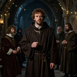 jesse eisenberg as an enigmatic medieval christian ( ( monk ) ) in a dark underground city. dark shadows, colorful, law contrasts, ( ( ( fairy lights ) ) ) fantasy portrait by jakub rozalski, jan matejko, and j. dickenson