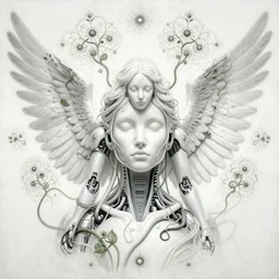 a beautiful painting a portrait of cyborg angel, wires and vines in fractal, symetrical scene, symetric character, trending in artstation, octane render, silver and cyan, 8 k, by peter mohrbacher, zaha hadi