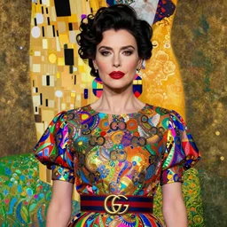 a portrait of a stunningly beautiful middle - aged woman in highly detailed gucci dress ( no gucci logo ) bright colors ultra realistic digital painting, holographic undertones, highly saturated colors, rococo, japonisme, artstation, concept art, pop, smooth, sharp focus, illustration, art by mark ryden klimt, lisa frank