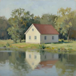 painting of a house by a lake