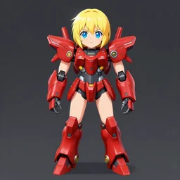 digital anime art. full body. cute girl red mech arms and mech legs. blue eyes. gold short hair. wlop, rossdraws, sakimimichan