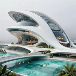 highly detailed futuristic architecture by Jean Nouvel and Antoni Gaudí, reflective lighting, stylized vegetation, bridges, ground-level view, puddles of turquoise water, foggy atmosphere, stunning sunny lighting, sunrise, vivid colors, in the style of pixar animation, trending on Artstation, 8k, matte painting, ray tracing, hyper detailed, unreal engine 5, cinematic, epic lighting, cryengine, octane render, cyberpunk, red and orange glow, vibrant