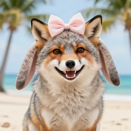 a photorealistic adorable zany girly alluring chubby charming but vicious fennic fox wolf rabbit hybrid, with long floppy rabbit ears, wearing a bow on the top of its head, grinning at the camera with a mischievous look, sharp teeth, happy lighting, at a tropical beach