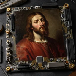 motherboard chip circuit jesus christ on motherboard chip circuit, baroque portrait painting, detailed octane render trending on artstation artgerm, 8 k artistic photography, volumetric cinematic perfect light, chiaroscuro, masterpiece, raphael, caravaggio, beksinski, rutkowski, giger