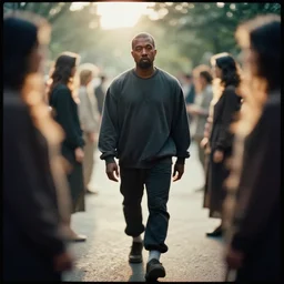 A photo of Kanye West walking with spirits, by Annie Leibovitz. Kodak Portra 800 film. Depth of field. whirl bokeh. Melancholic. detailed. hq. realistic. warm light. Filmic. Dreamy. lens flare. Leica M9, f/1.2, symmetrical balance, in-frame
