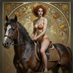 portrait painting of a female butcher wearing bikini and riding a horse, ultra realistic, concept art, intricate details, eerie, highly detailed, photorealistic, octane render, 8 k, unreal engine. art by artgerm and greg rutkowski and alphonse mucha