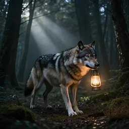 a wolf with a space lantern on its mouth travelling through a dark, gloomy forest, zaba style, cinematic, sunbeams, detailed, hq, trending on artstation, wide shot, dramatic lighting