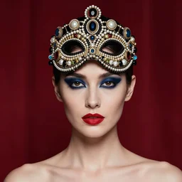 an 8 0 s portrait of a woman with dark blue eye shadow and red lips with dark slicked back hair, a mask of beads and jewels hanging from a crown by serge lutens, rolf armstrong, delphin enjolras, background of classic red cloth