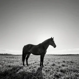 horse far in the field, black and white photography, minimalism