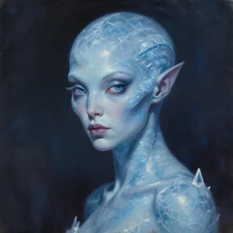a beautiful alien woman with skin of ice, painted by artgerm and tom bagshaw, fantasy art, dramatic lighting, highly detailed oil painting