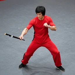 lean, fighter, in a red spandex suit, pose, stance, fight, man, with batons, standing, streetfight, 3 / 4 angle top down, fighting style, top view camera, bruce lee, lean muscles, skinny body, action, upright pose, slightly crouched, 5'1 0 tall, striking a punch