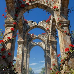 broken arches leading to the pillars of eternity draped with red flowers and vines, blue sky, lens flare, a sense of mystery, ultra detailed, intricate, sharp focus, unstirred paint, vivid color, illustration by Alex Pardee and Nekro and Petros Afshar and James McDermott, 8K