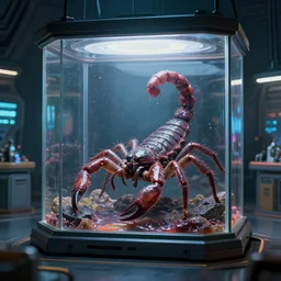 a large transparent science fiction mass effect electronic force field glass containment chamber containing a slimy wet scorpion lovecraft alien tarantula monster in a furnished science fiction spaceship laboratory, dramatic lighting, octane, trending on artstation, volumetric lighting — w 6 4 0