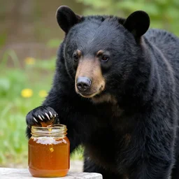black bear with his hand stuck in a jar of honey,