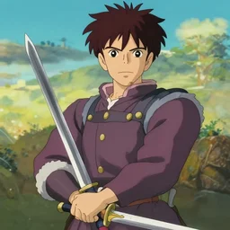 aragorn from the anime lord of the rings (1986), looking serious, some beard, holding a sword, studio ghibli